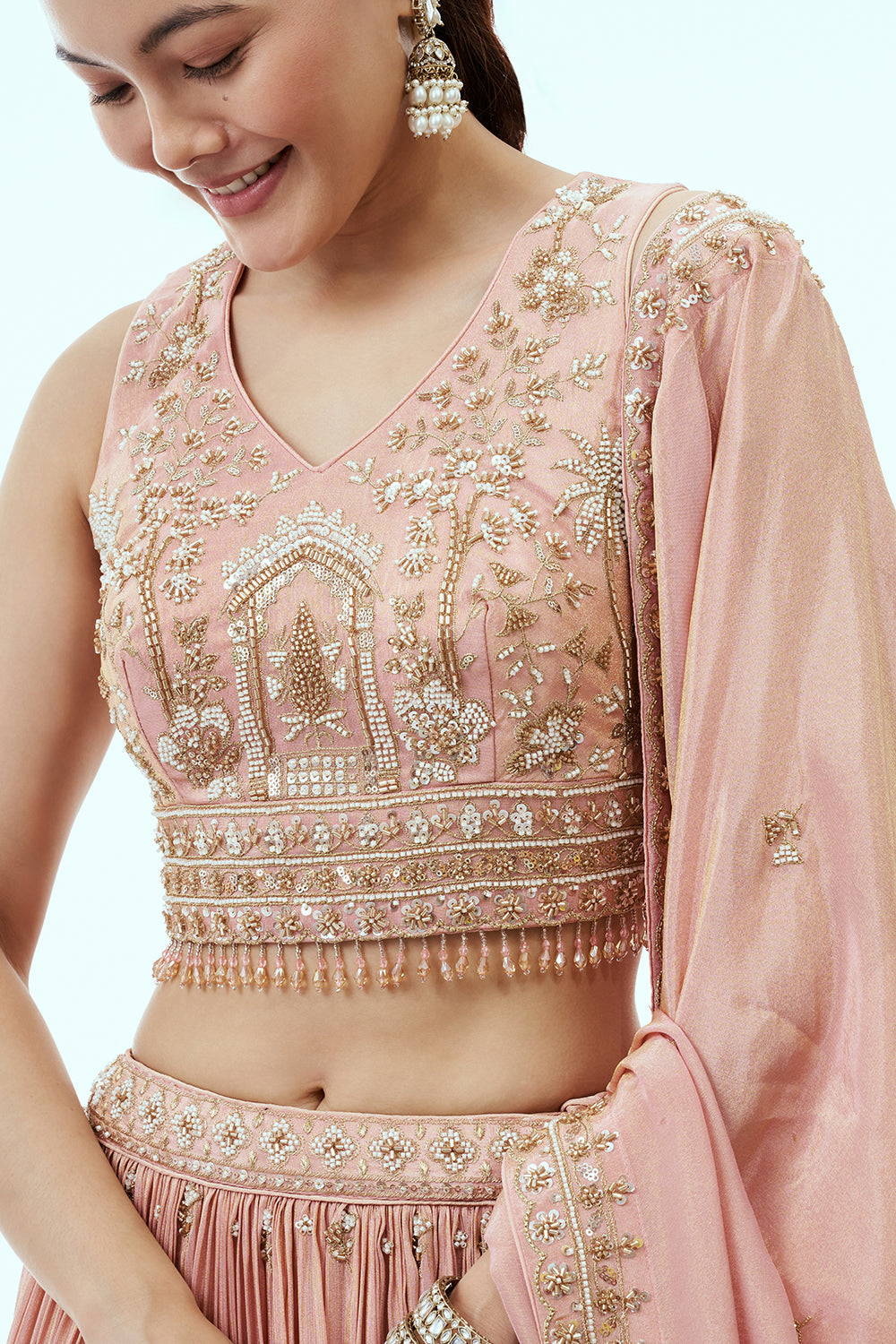 Peach Tissue Lehenga with Cutdana and 3D Tiki Work