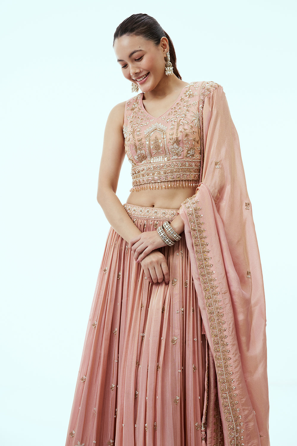 Peach Tissue Lehenga with Cutdana and 3D Tiki Work