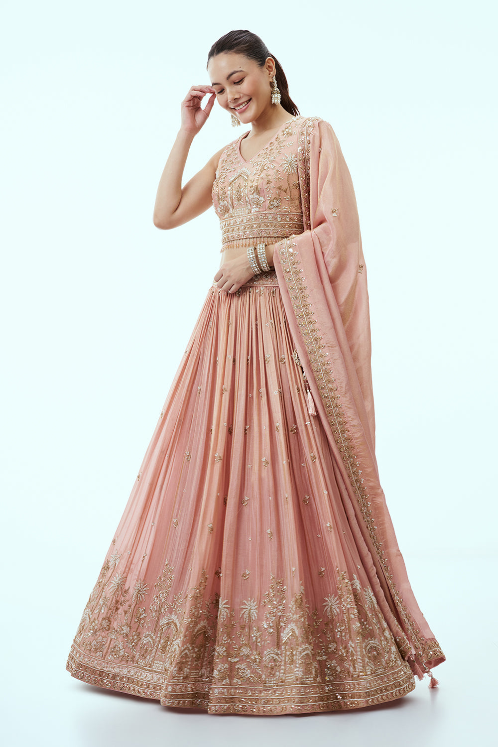 Peach Tissue Lehenga with Cutdana and 3D Tiki Work
