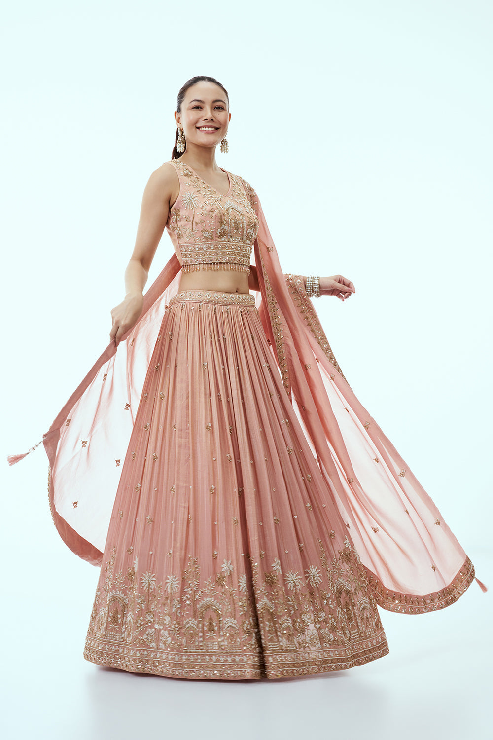 Peach Tissue Lehenga with Cutdana and 3D Tiki Work