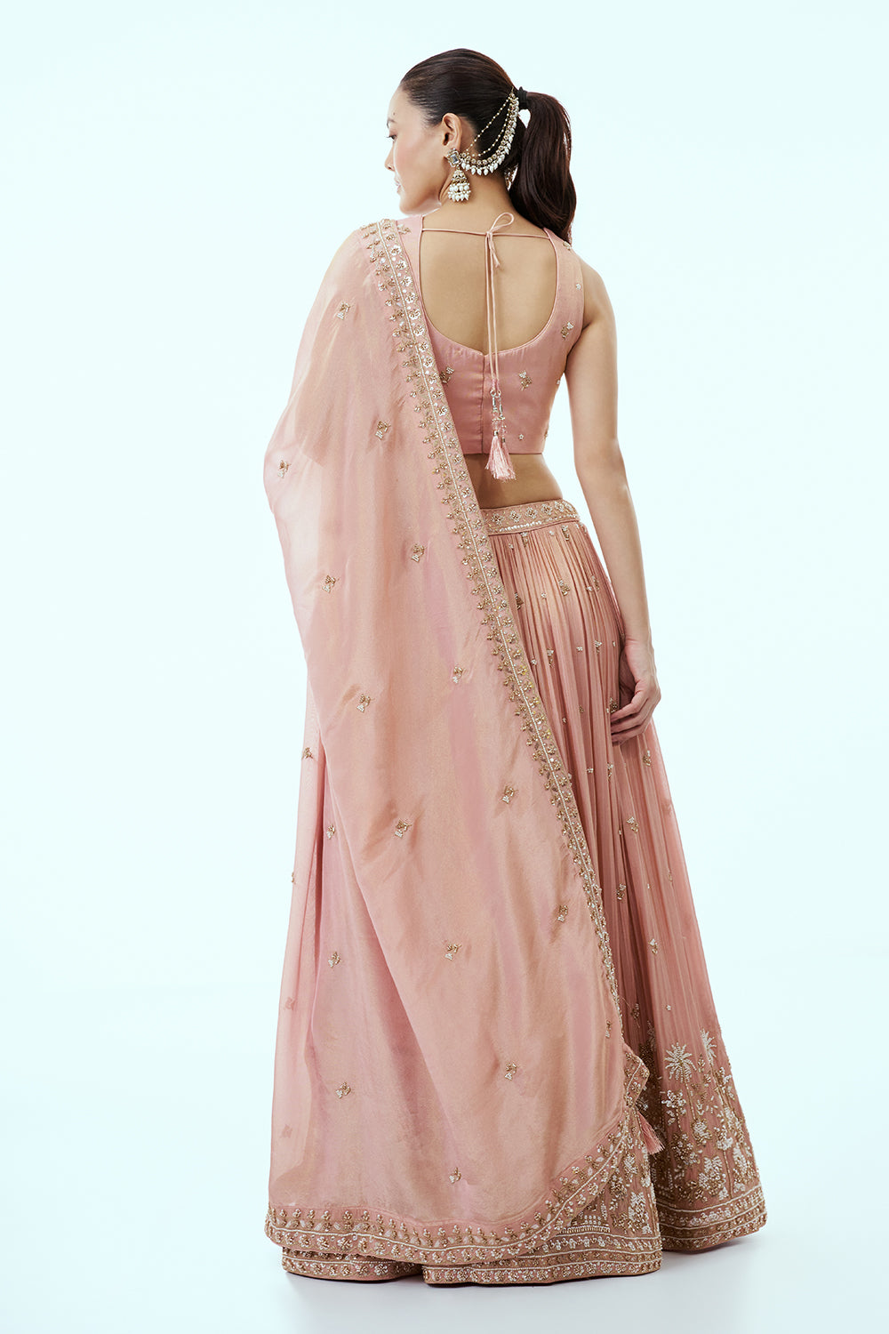 Peach Tissue Lehenga with Cutdana and 3D Tiki Work