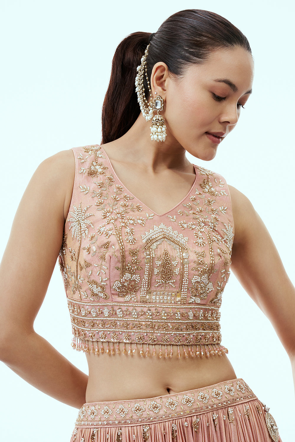 Peach Tissue Lehenga with Cutdana and 3D Tiki Work