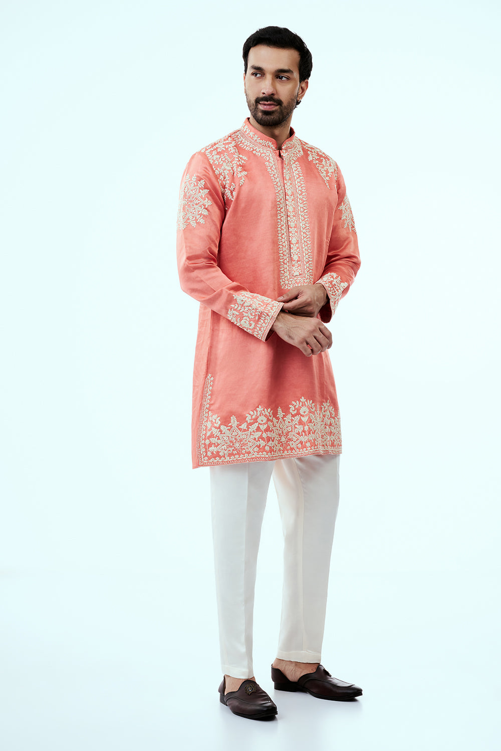 Peach Linen Silk Mens Kurta Set with Resham Embroidery