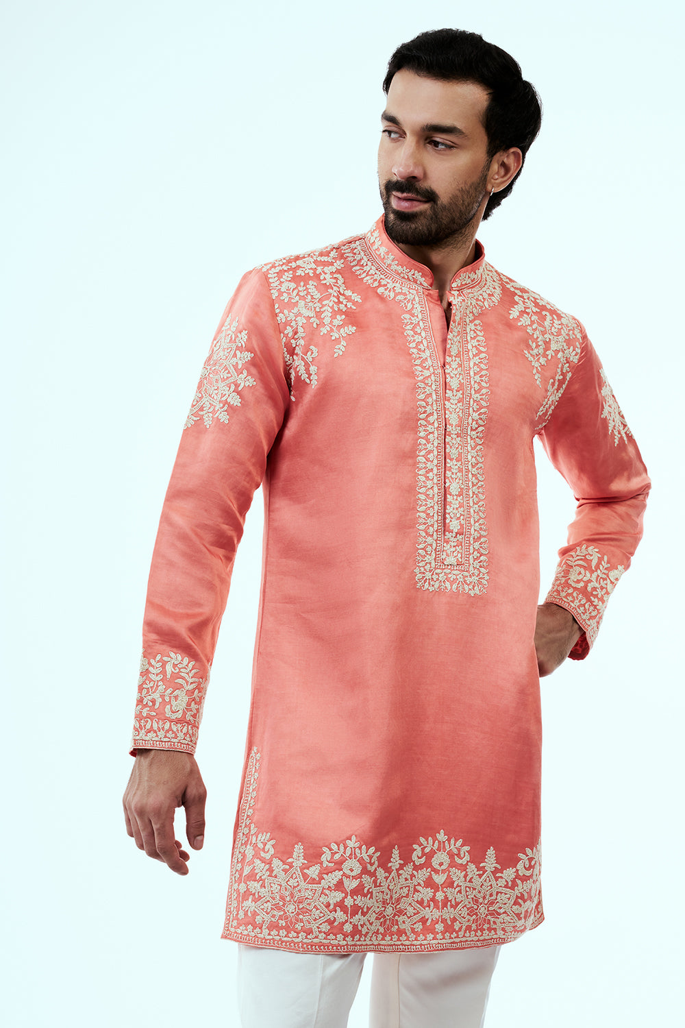 Peach Linen Silk Mens Kurta Set with Resham Embroidery
