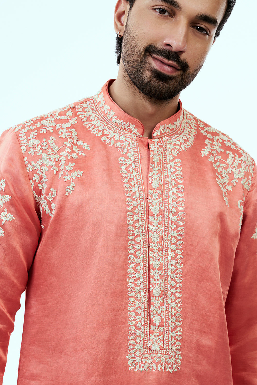 Peach Linen Silk Mens Kurta Set with Resham Embroidery