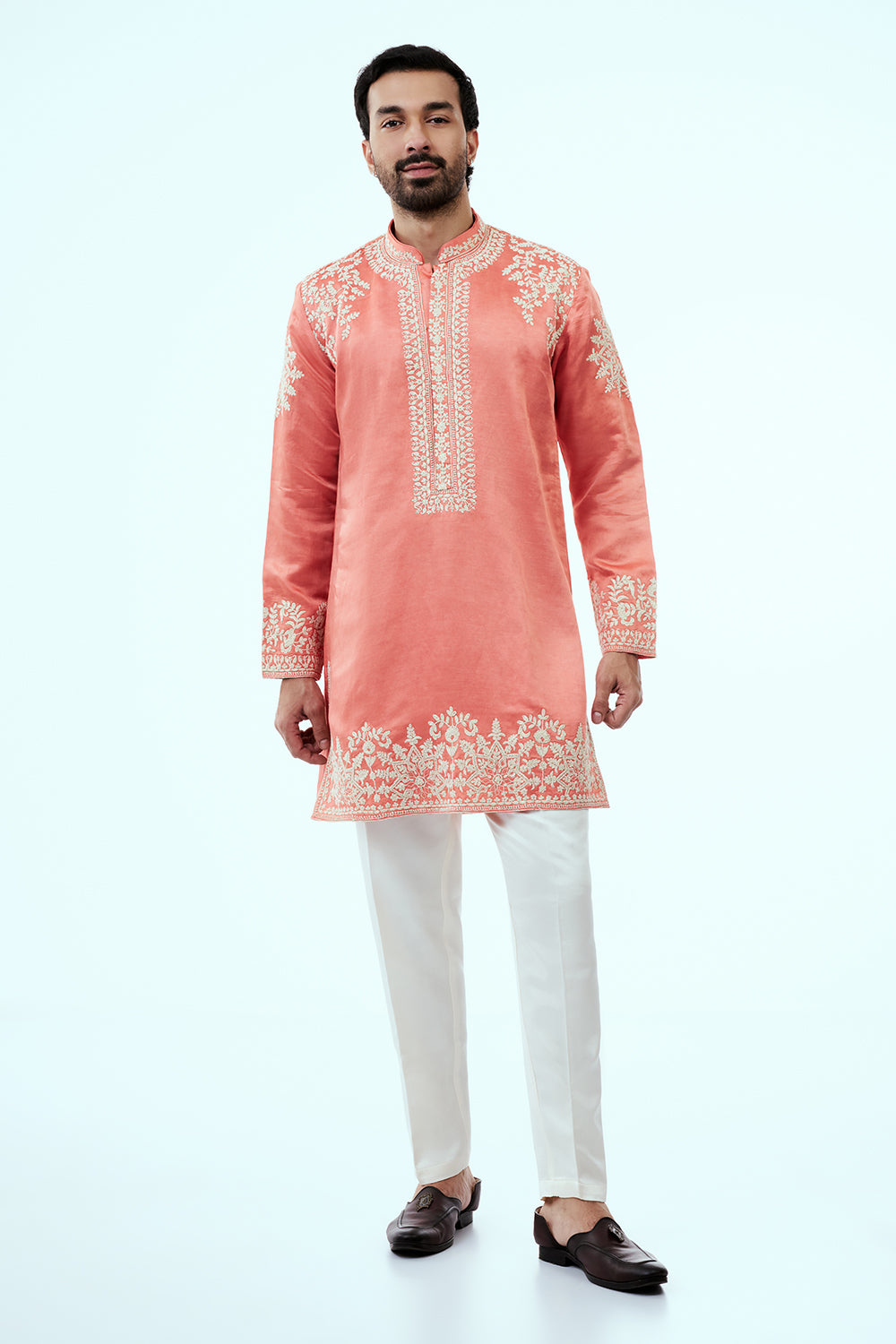 Peach Linen Silk Mens Kurta Set with Resham Embroidery