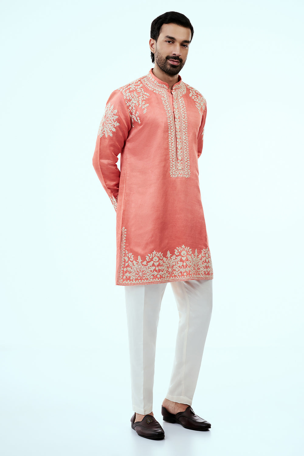 Peach Linen Silk Mens Kurta Set with Resham Embroidery