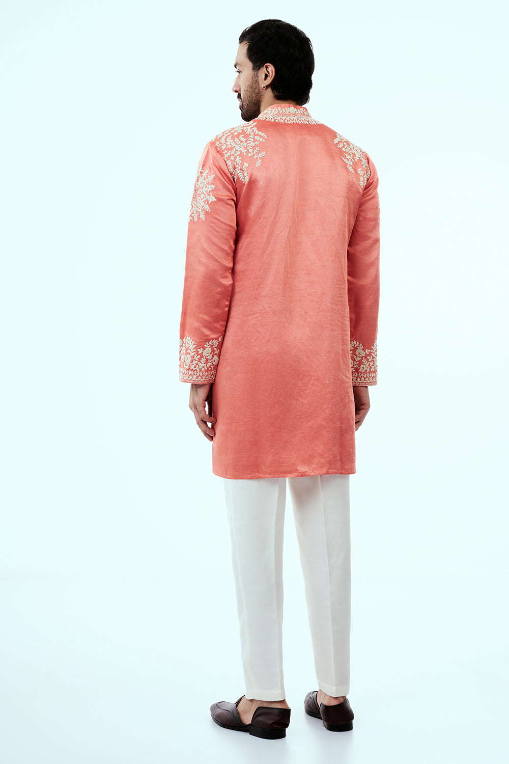 Peach Linen Silk Mens Kurta Set with Resham Embroidery