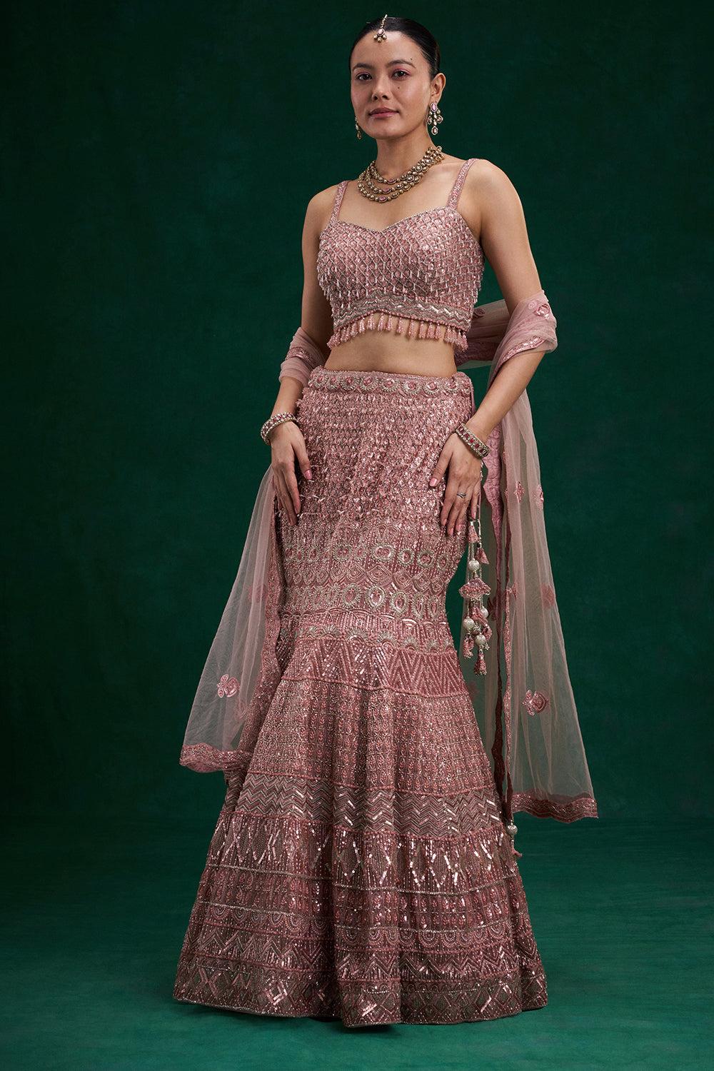 Peach Net Bridal Lehenga with Cutdana, Sequin and Bead Work