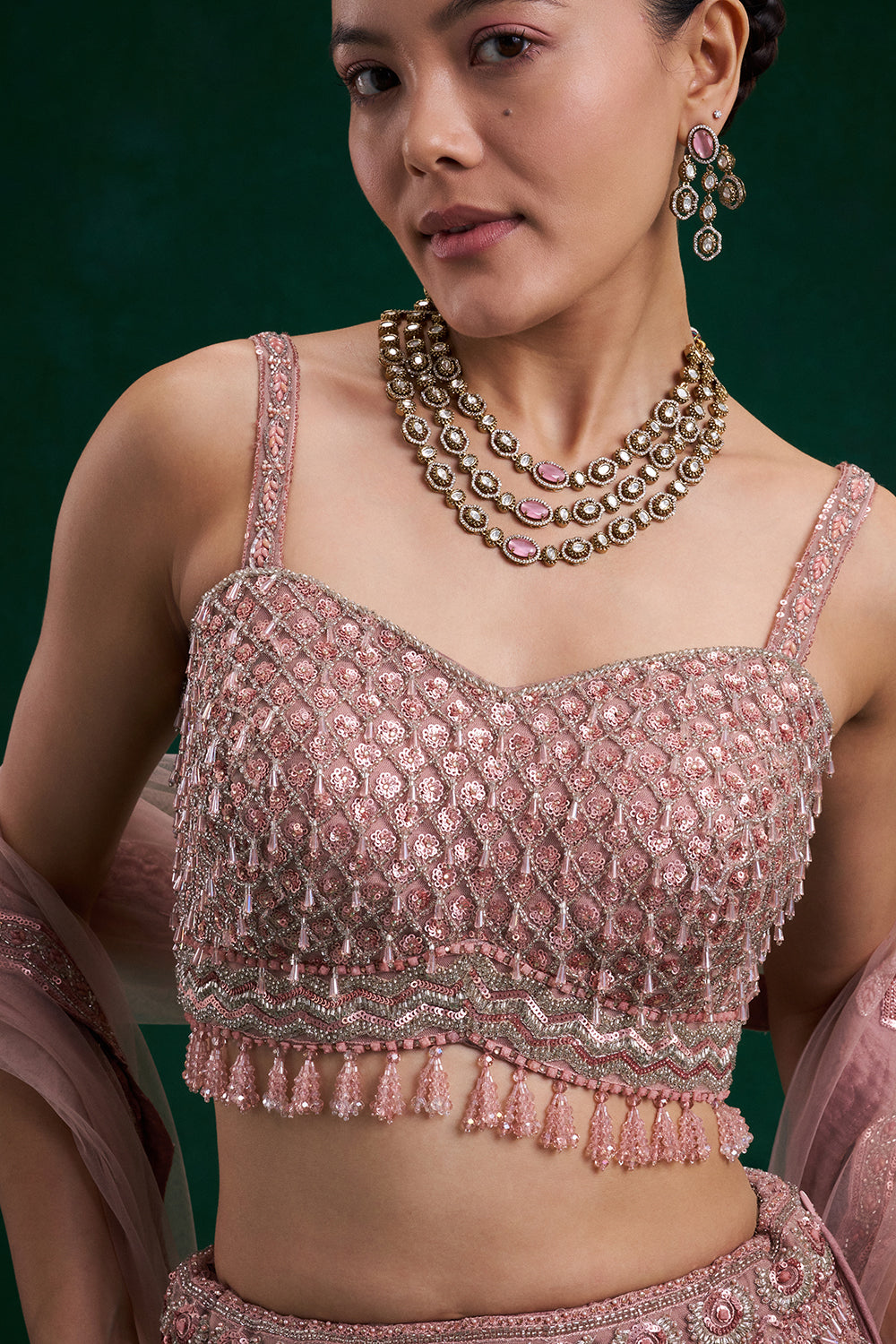 Peach Net Bridal Lehenga with Cutdana, Sequin and Bead Work