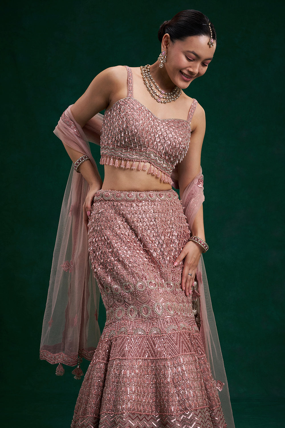 Peach Net Bridal Lehenga with Cutdana, Sequin and Bead Work