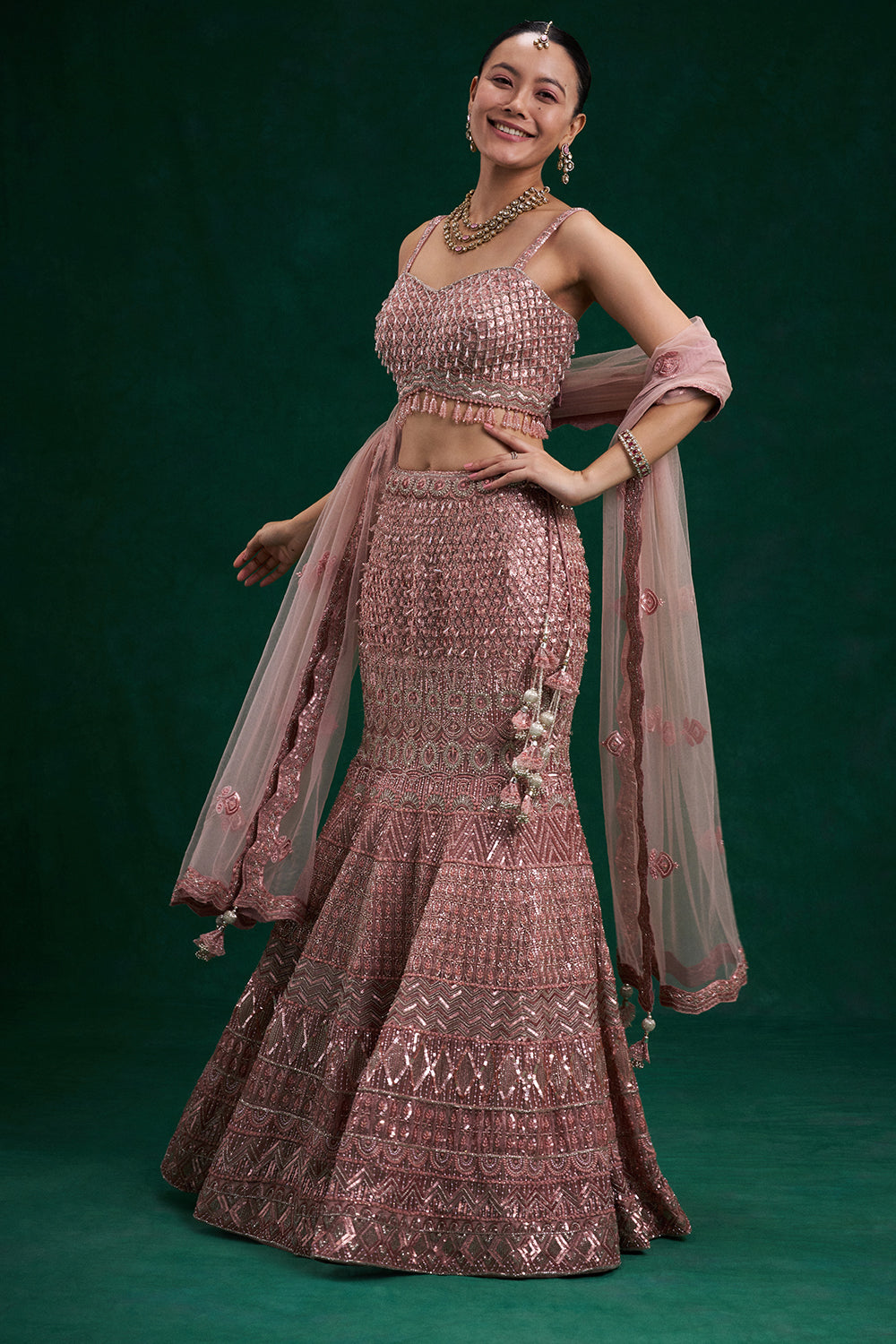 Peach Net Bridal Lehenga with Cutdana, Sequin and Bead Work