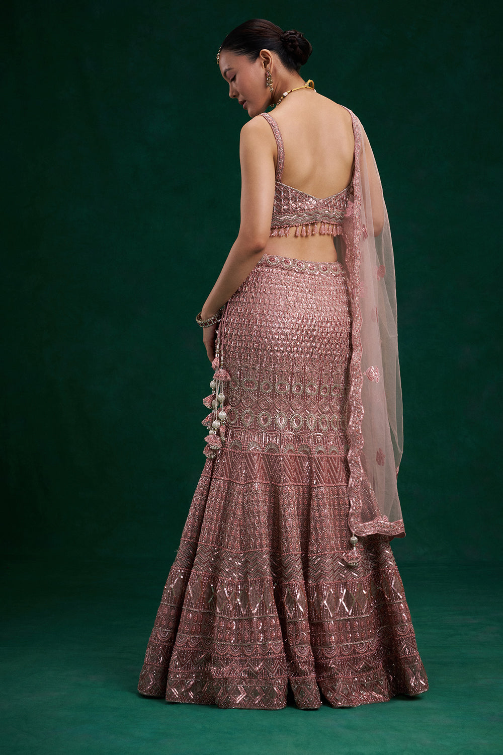Peach Net Bridal Lehenga with Cutdana, Sequin and Bead Work