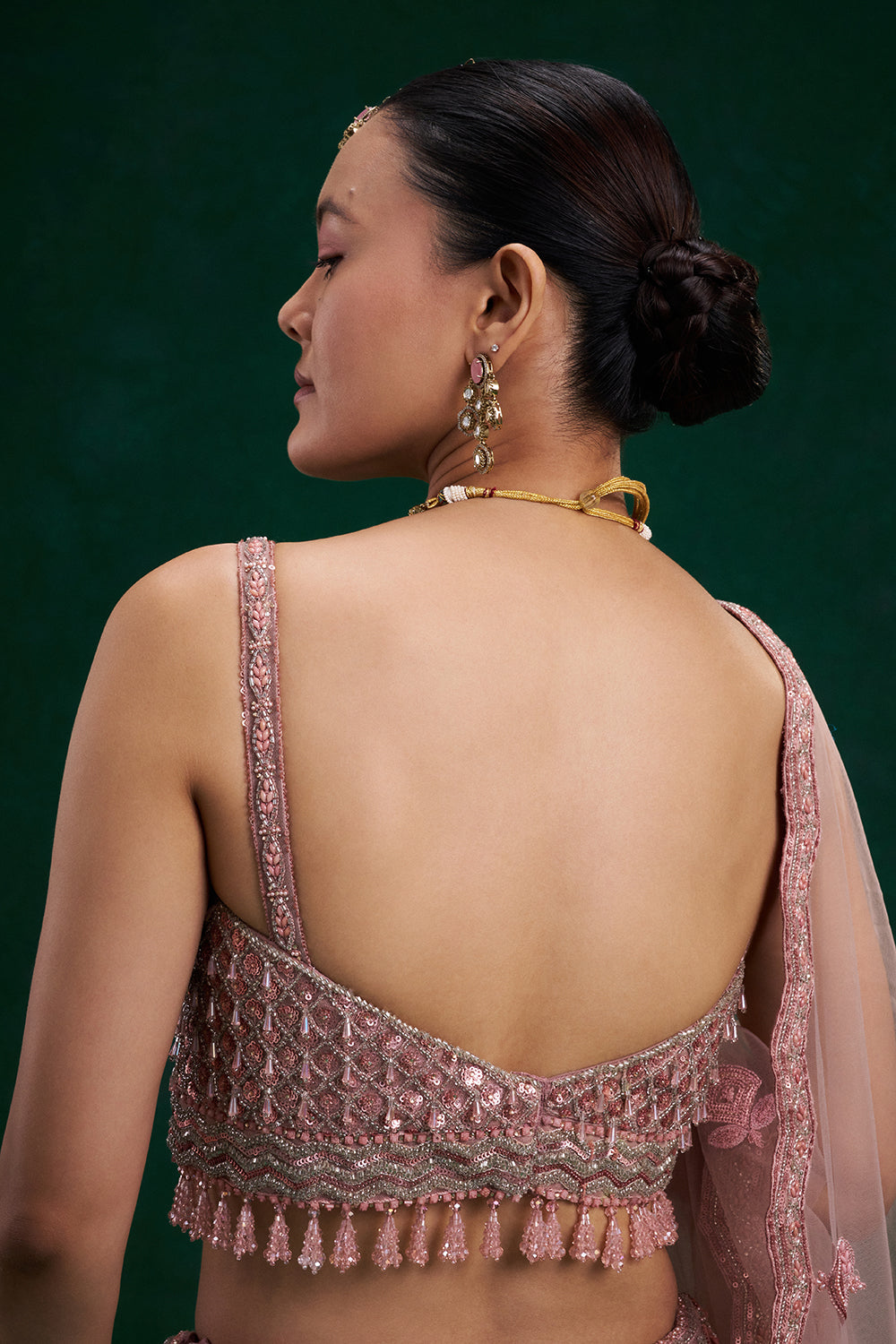 Peach Net Bridal Lehenga with Cutdana, Sequin and Bead Work