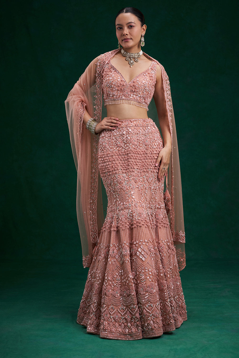 Peach Net Bridal Lehenga with Cutdana, Sequin, Pearl and Bead Work