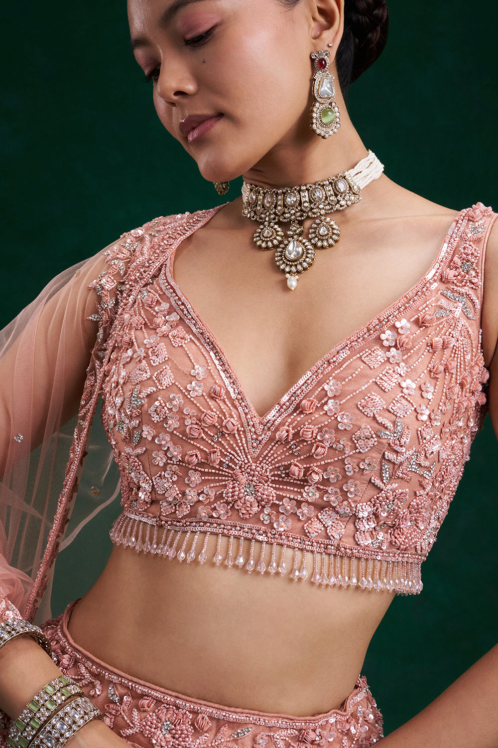 Peach Net Bridal Lehenga with Cutdana, Sequin, Pearl and Bead Work
