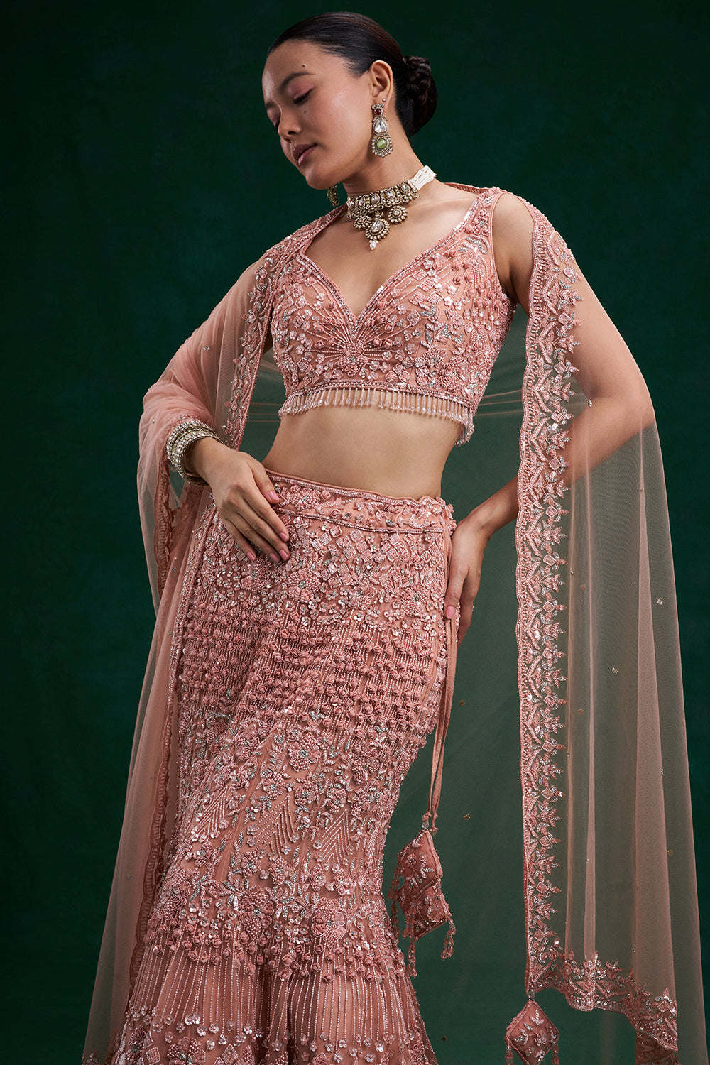 Peach Net Bridal Lehenga with Cutdana, Sequin, Pearl and Bead Work