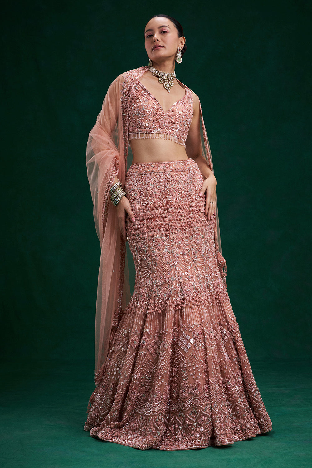 Peach Net Bridal Lehenga with Cutdana, Sequin, Pearl and Bead Work