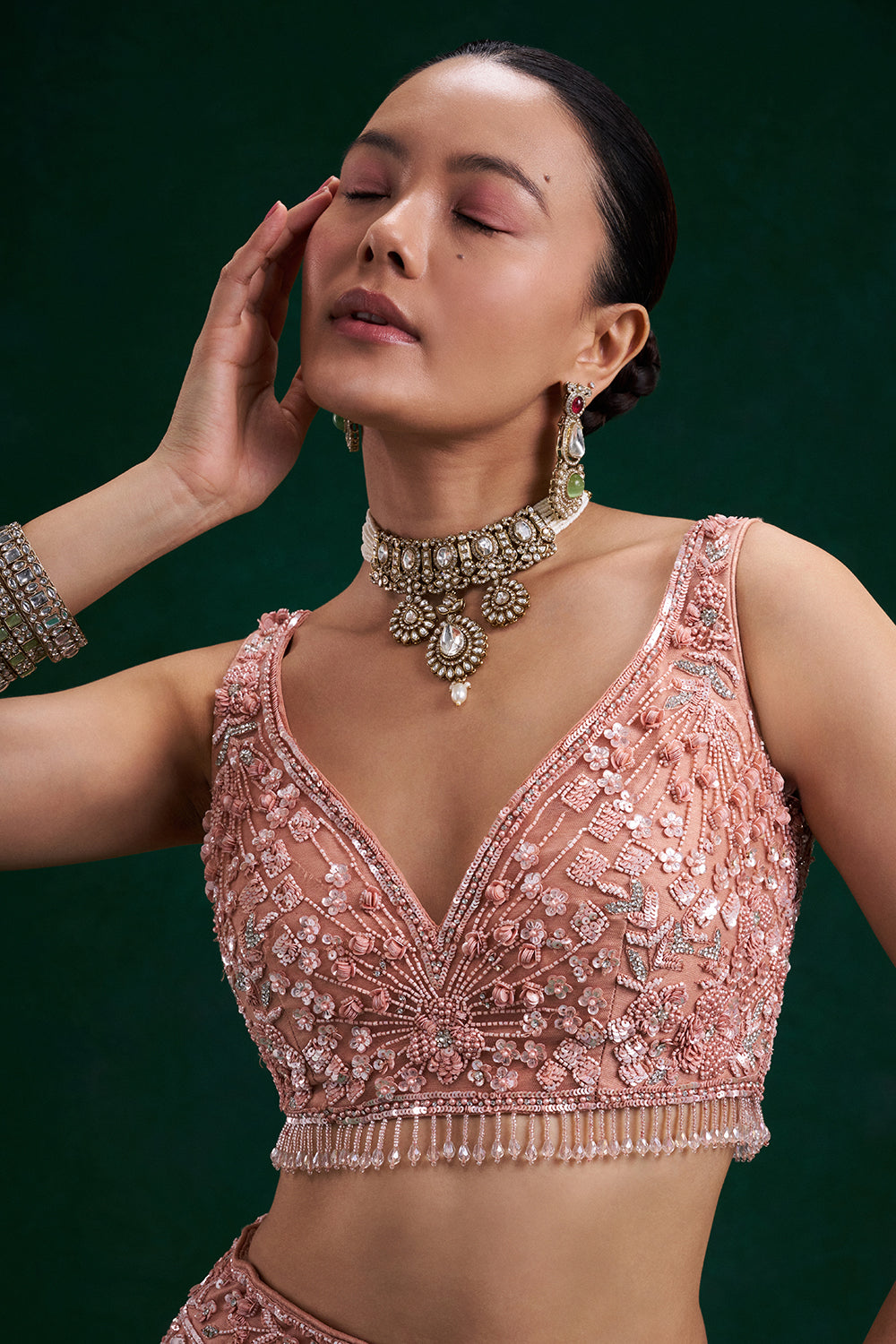Peach Net Bridal Lehenga with Cutdana, Sequin, Pearl and Bead Work