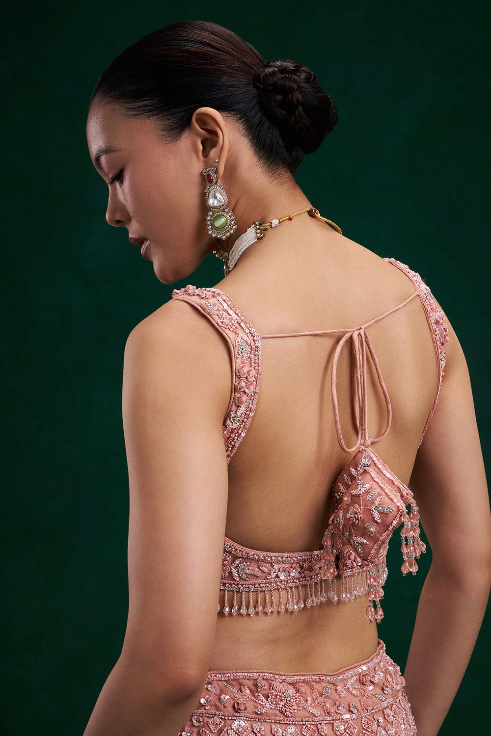 Peach Net Bridal Lehenga with Cutdana, Sequin, Pearl and Bead Work