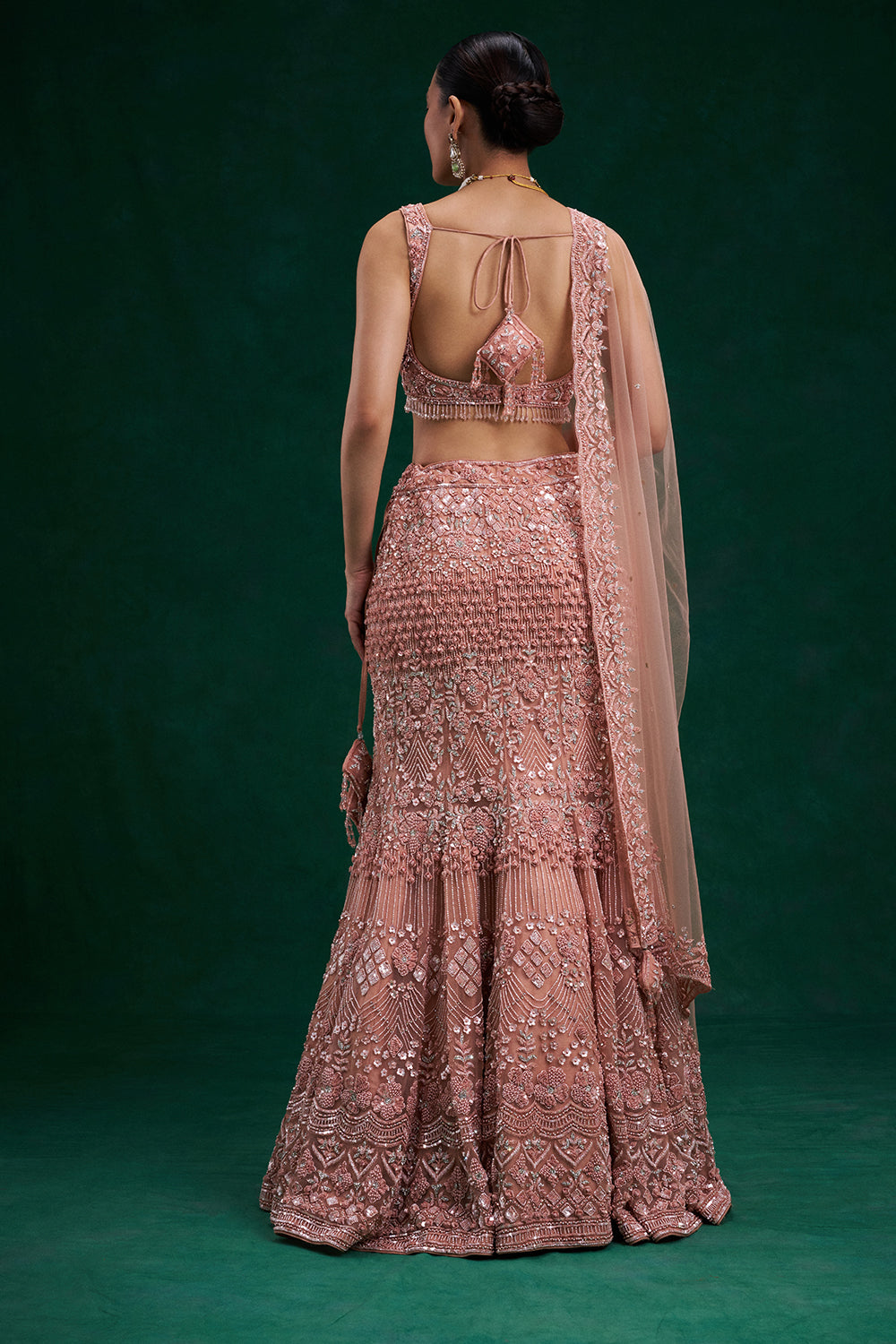 Peach Net Bridal Lehenga with Cutdana, Sequin, Pearl and Bead Work