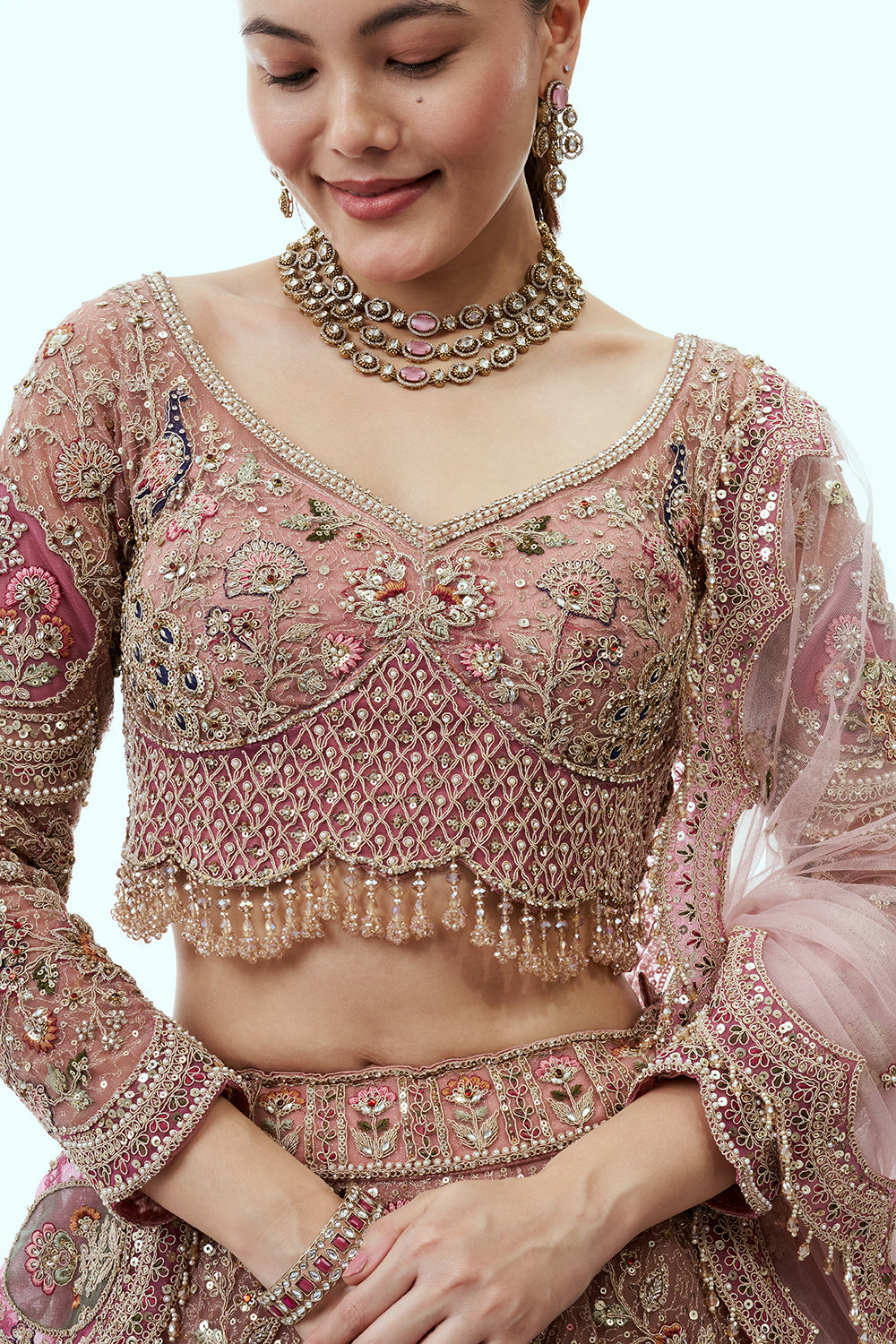 Peach Net Lehenga with Dabka and Resham Embroidery