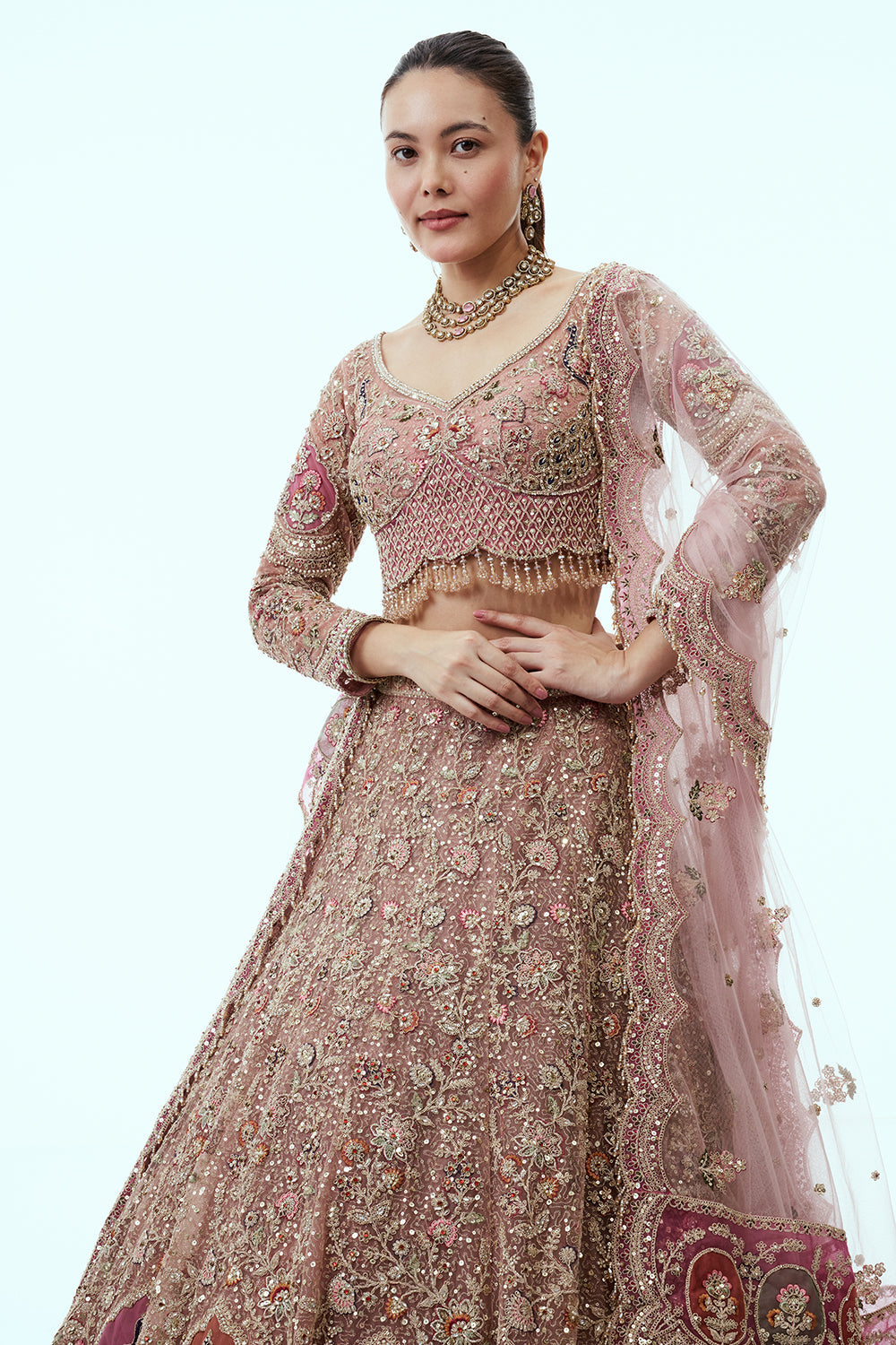 Peach Net Lehenga with Dabka and Resham Embroidery