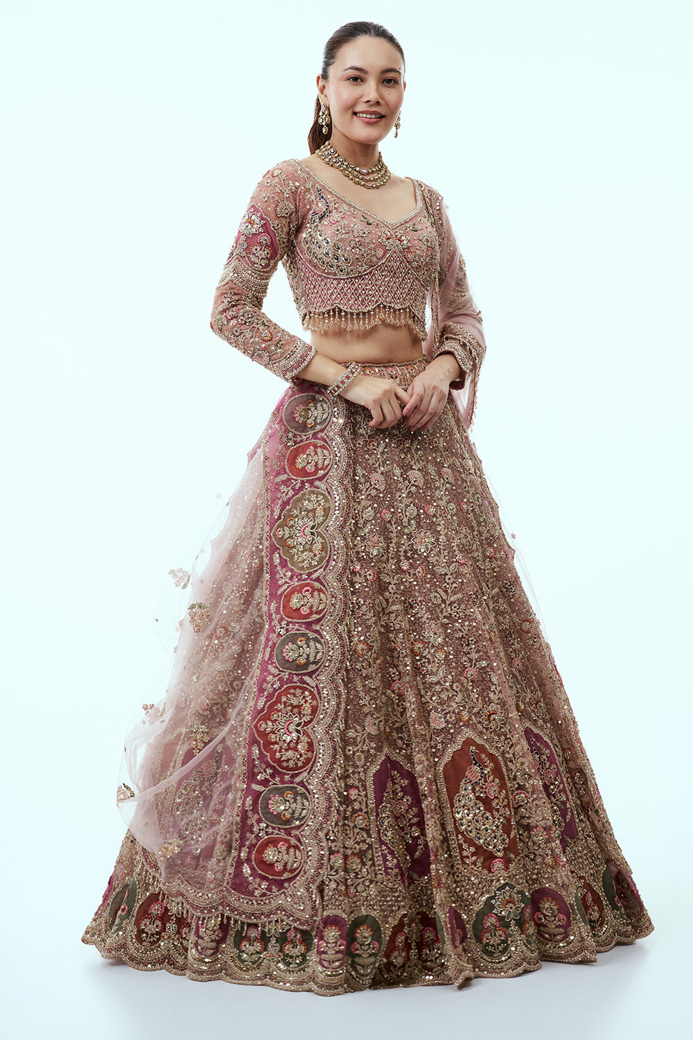 Peach Net Lehenga with Dabka and Resham Embroidery