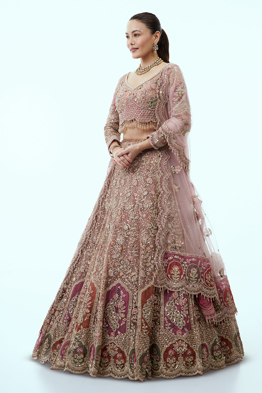 Peach Net Lehenga with Dabka and Resham Embroidery