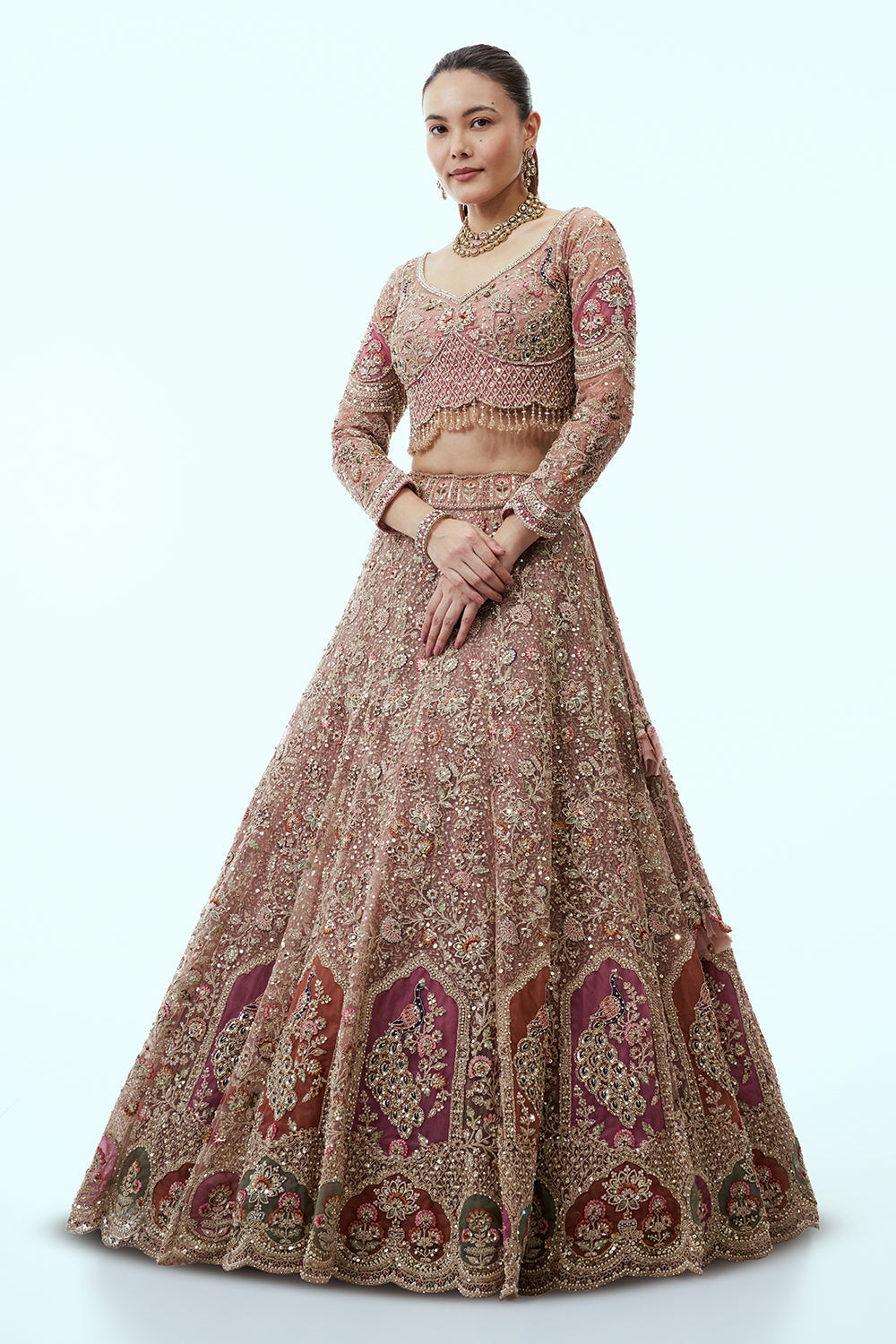 Peach Net Lehenga with Dabka and Resham Embroidery
