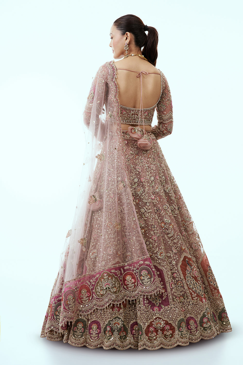 Peach Net Lehenga with Dabka and Resham Embroidery