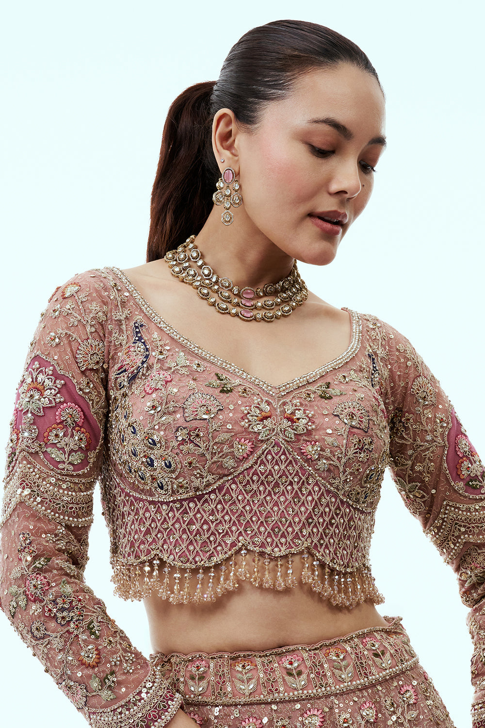 Peach Net Lehenga with Dabka and Resham Embroidery