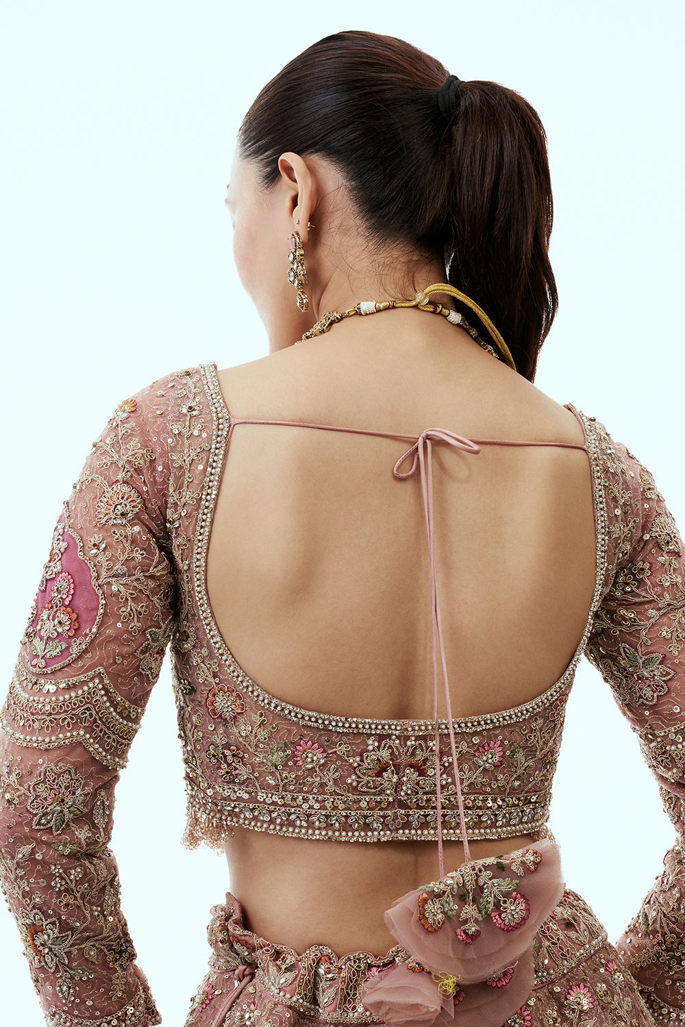 Peach Net Lehenga with Dabka and Resham Embroidery