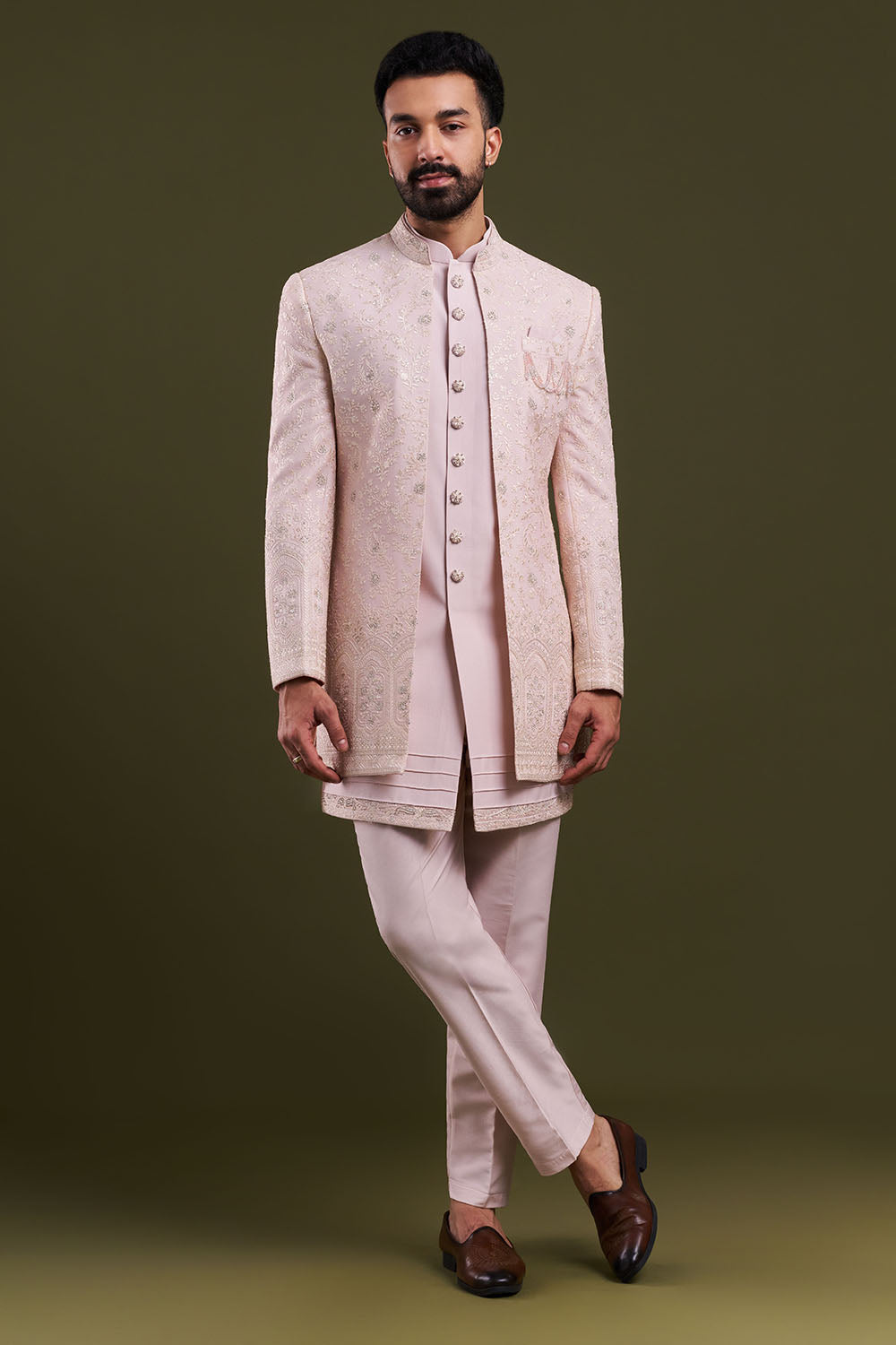 Peach Nokia Silk Men's Indo-Western Set