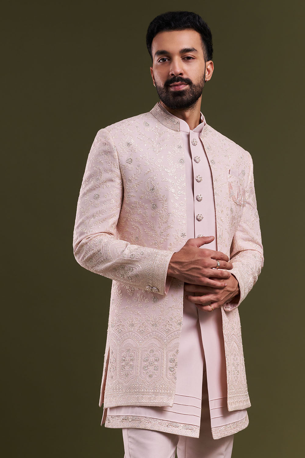 Peach Nokia Silk Men's Indo-Western Set