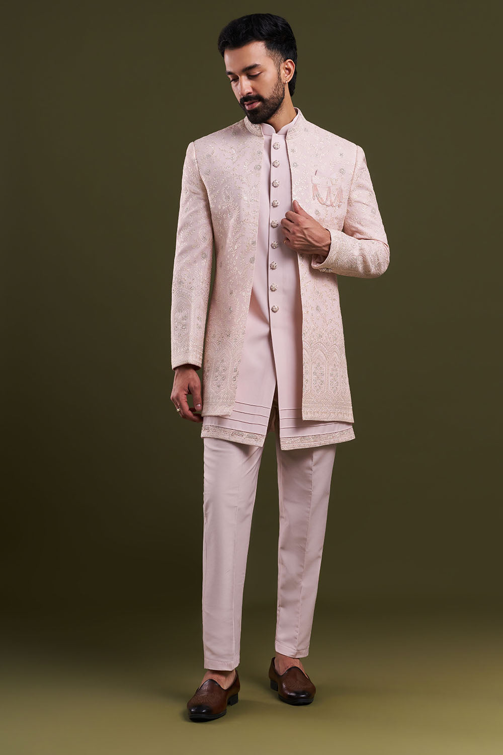 Peach Nokia Silk Men's Indo-Western Set