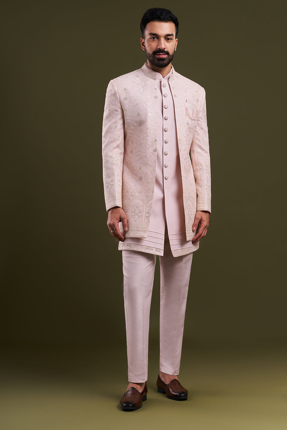 Peach Nokia Silk Men's Indo-Western Set