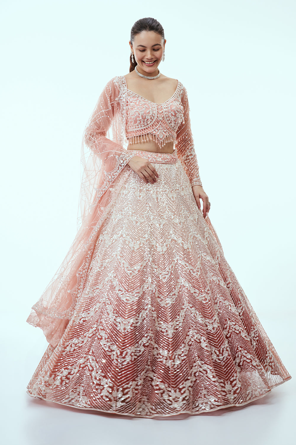 Peach Ombre Net Lehenga with Sequin and Moti Embroidery