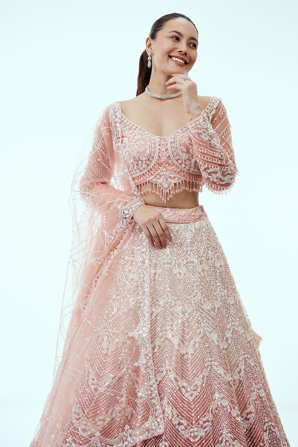 Peach Ombre Net Lehenga with Sequin and Moti Embroidery