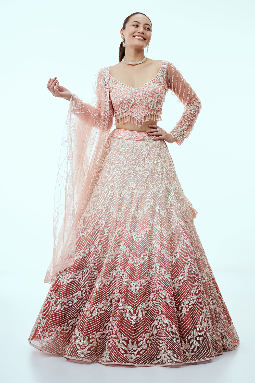 Peach Ombre Net Lehenga with Sequin and Moti Embroidery