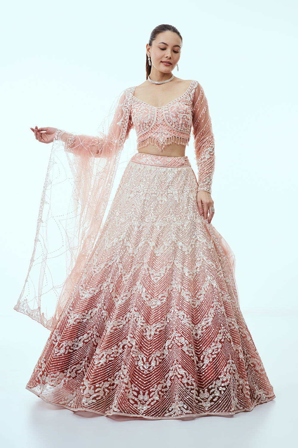 Peach Ombre Net Lehenga with Sequin and Moti Embroidery