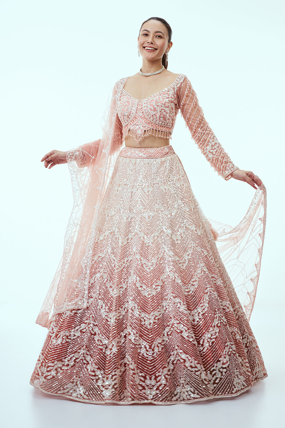Peach Ombre Net Lehenga with Sequin and Moti Embroidery