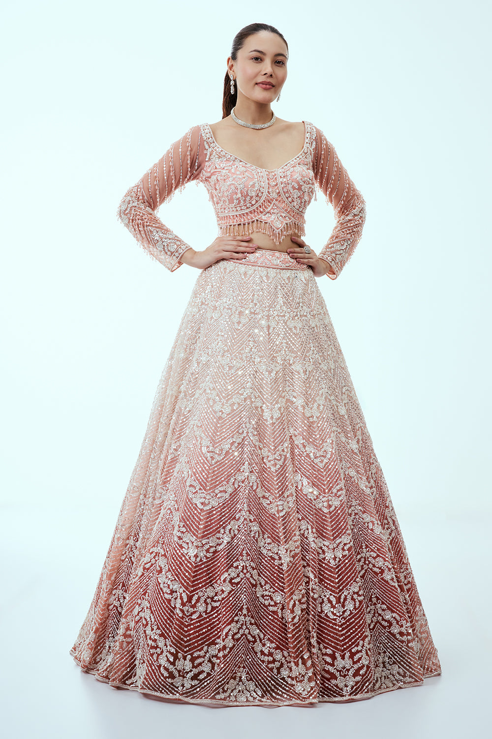 Peach Ombre Net Lehenga with Sequin and Moti Embroidery