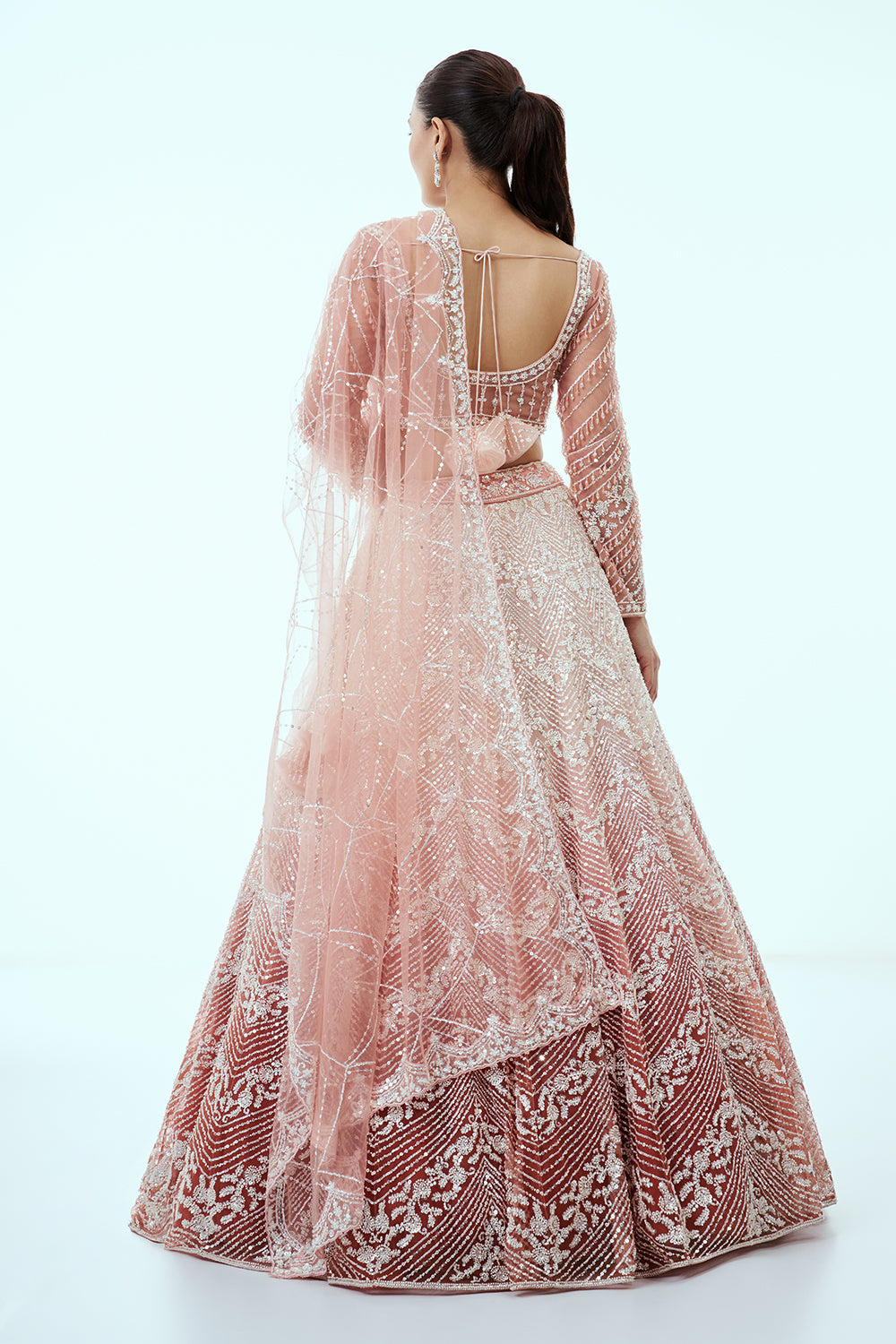 Peach Ombre Net Lehenga with Sequin and Moti Embroidery