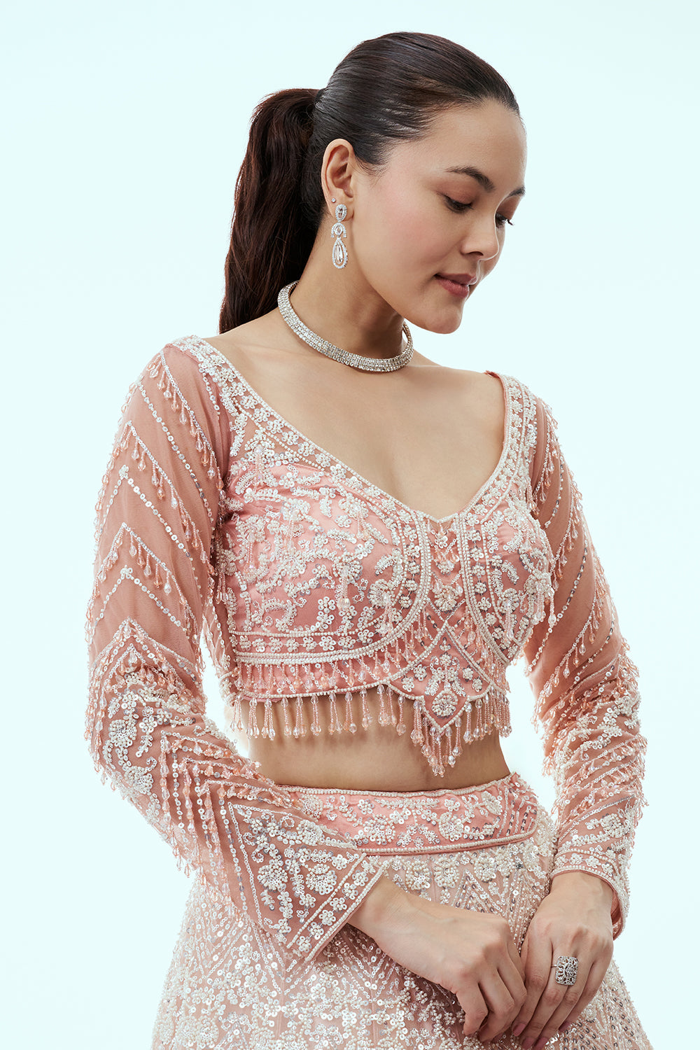 Peach Ombre Net Lehenga with Sequin and Moti Embroidery