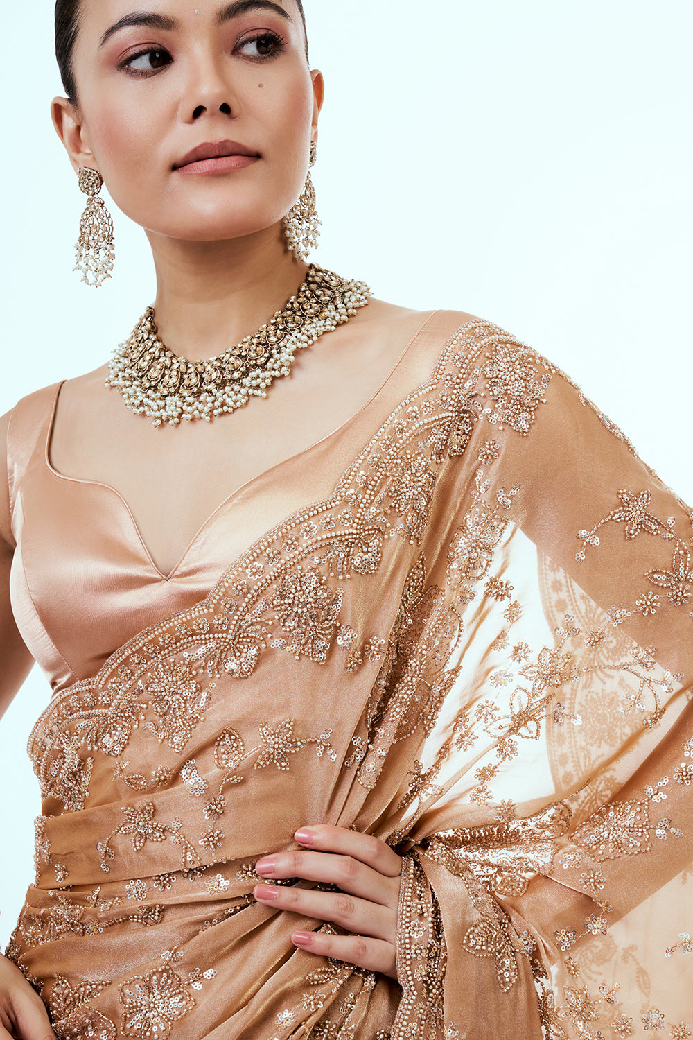 Peach Organza Saree with Cutdana and Stone Embroidery