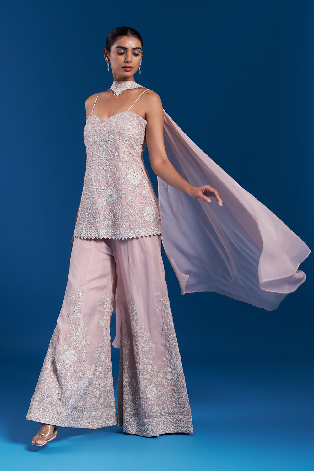 Peach Organza Sharara Set with Aari Work