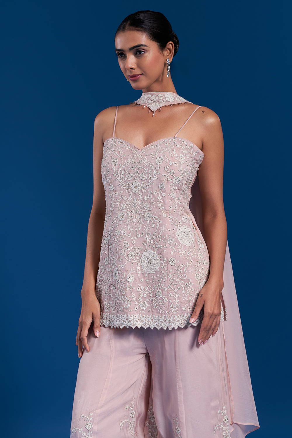 Peach Organza Sharara Set with Aari Work