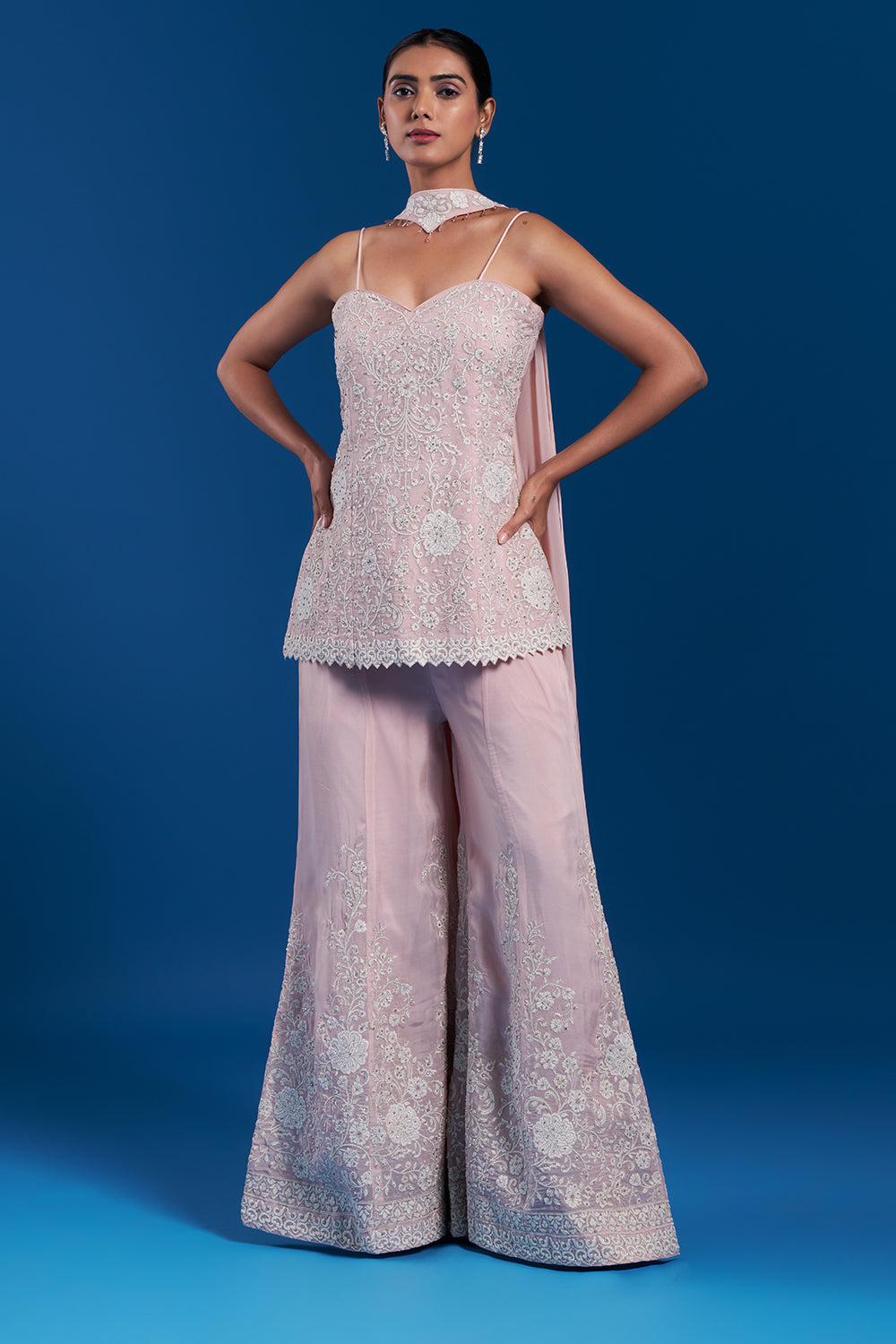 Peach Organza Sharara Set with Aari Work