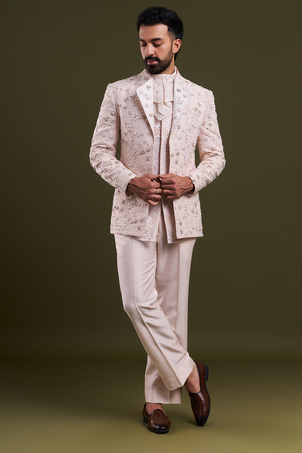 Peach Satin Organza Embellished Men's Kurta with Jacket